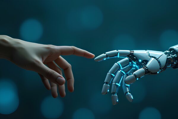 White cyborg finger about to touch human finger 3D rendering hand of the person and bot, artificial intelligence Ai technology robotic automation with digital mechanical arm power, blue background White cyborg finger about to touch human finger 3D rendering hand of the person and bot, artificial intelligence Ai technology robotic automation with digital mechanical arm power, blue background