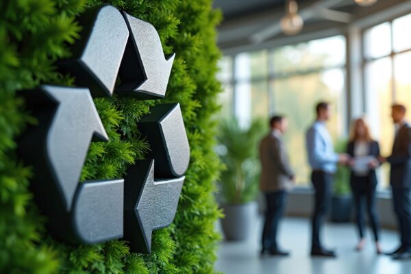 Recycling symbol on green wall, blurred business people in background. Represents sustainability environment responsibility corporate teamwork. Eco-friendly office interior for global warming
