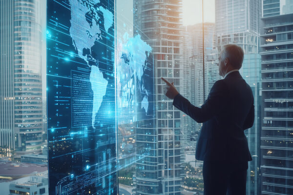 Business executive analyzing global data on a futuristic digital screen in a modern high-tech office overlooking a smart city skyline representing innovation cyber intelligence and corporate strategy