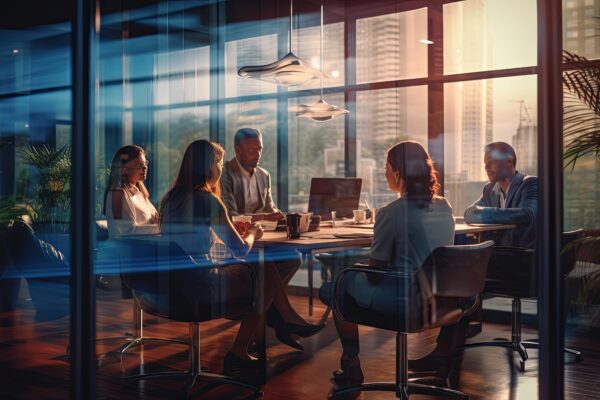 business formal meeting conference discussion with coworker shareholder or client concentrate private ideas data report analysis businesspeople working find solution together in office,ai generate
