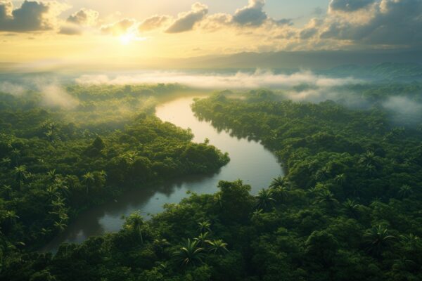 Aerial view of Amazon rainforest in Brazil, South America. Green forest. Bird's-eye view.